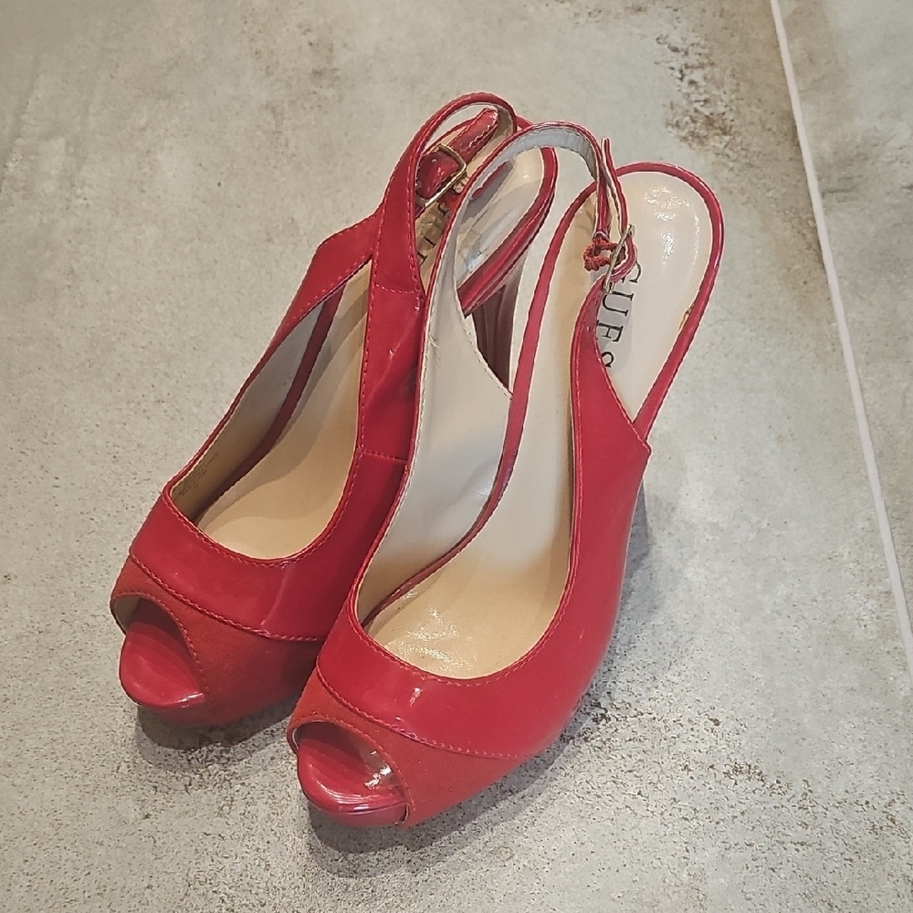 Guess Red Slingback Peep Toe Heels